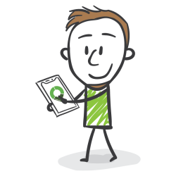 Cartoon man holding smartphone with green logo